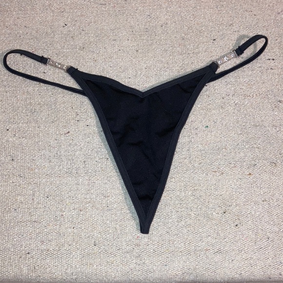 Black Victoria’s Secret Metal Bar Crystals Thong V-String Panties XS S M New - Picture 1 of 8